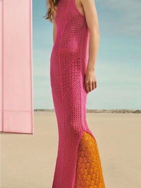 Mango Pink Crochet Maxi Dress with Orange Hem Panel